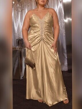 Nox Vintage y2k Gold Satin Spaghetti Strap Prom Formal Dress size 18